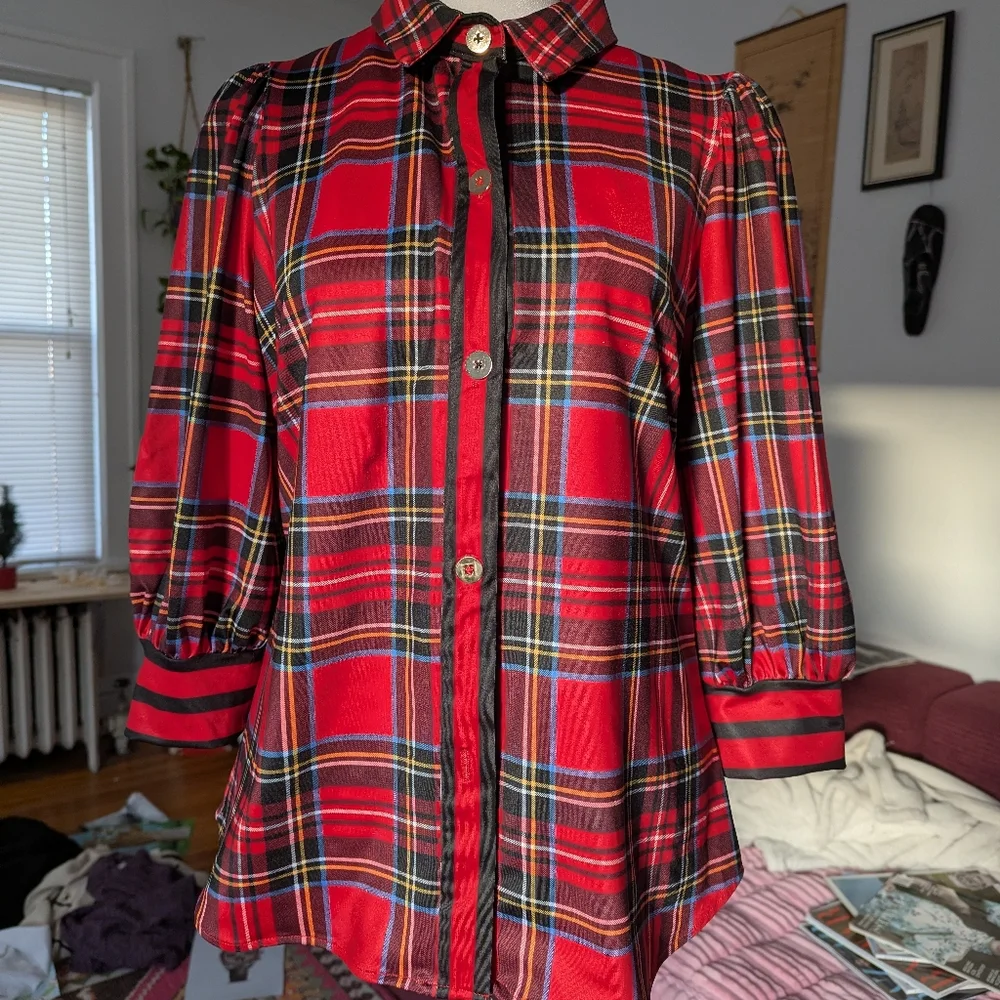 Gretchen Scott Duke Of York Puff Sleeves Tartan Plaid Top XS